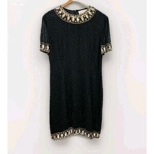 AJ Bari Silk Dress Bead Sequin Cocktail Party Size 12 Black Gold Vintage